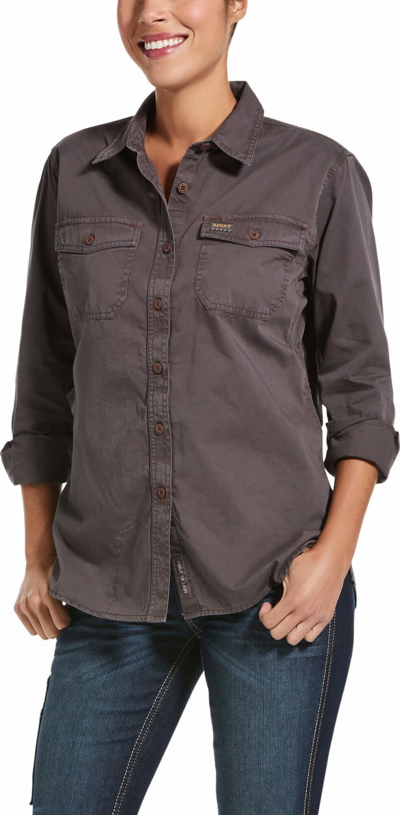 *SALE**ONLY SIZE 2XL LEFT!!*Ariat Women's Rebar Washed Twill Button Front L/S Work Shirt - Rebar Grey