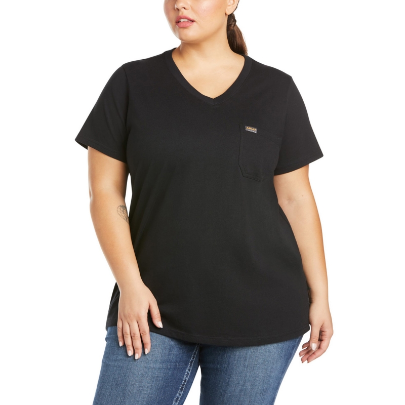 *SALE* ONLY SMALL - 1X - 2X LEFT!!  Ariat Women's Rebar Cotton Strong Pocket V-Neck S/S Shirt - Black