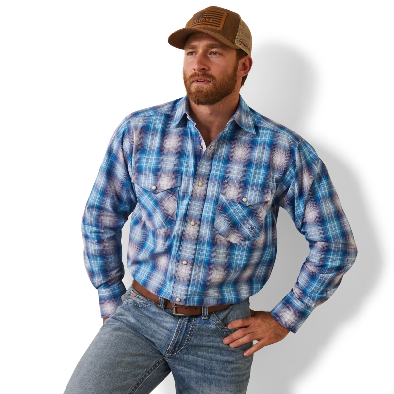 *SALE* LIMITED SIZES LEFT!!  Ariat Pro Series Lukas Classic Fit Snap Front L/S Shirt - Light Blue Plaid