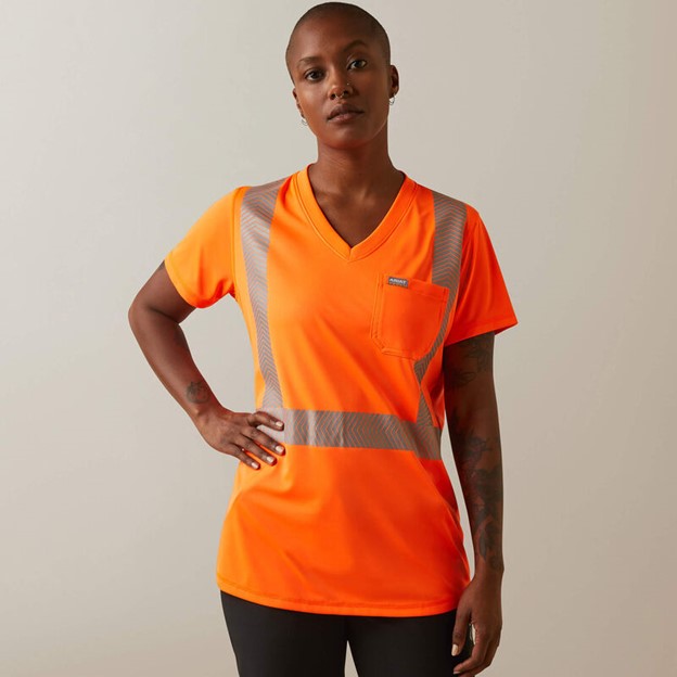 *SALE* LIMITED SIZES & QUANTITIES LEFT!!  Ariat Rebar HI-VIS Class 2 V-Neck Pocket S/S Shirt - Hi-Vis Orange