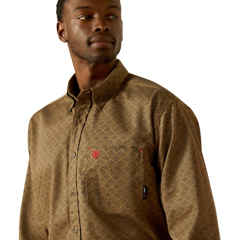 *SALE* ONLY L - XL - 2XL LEFT!! Ariat FR Deniro  Button Front Print L/S Work Shirt -  Rebar Khaki