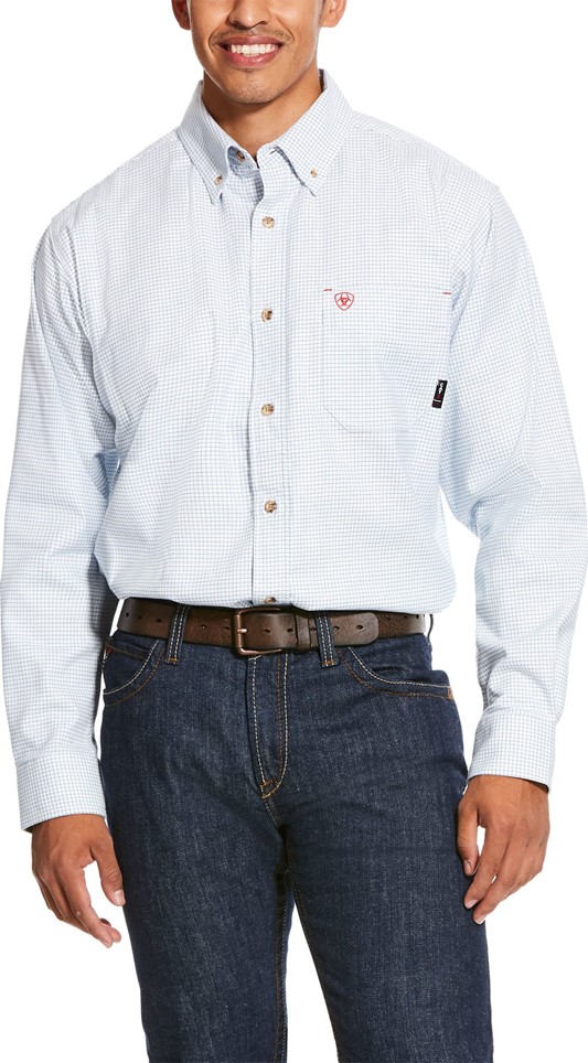 Ariat FR Button Front Twill DuraStretch™ Work Shirt - White/Blue Plaid